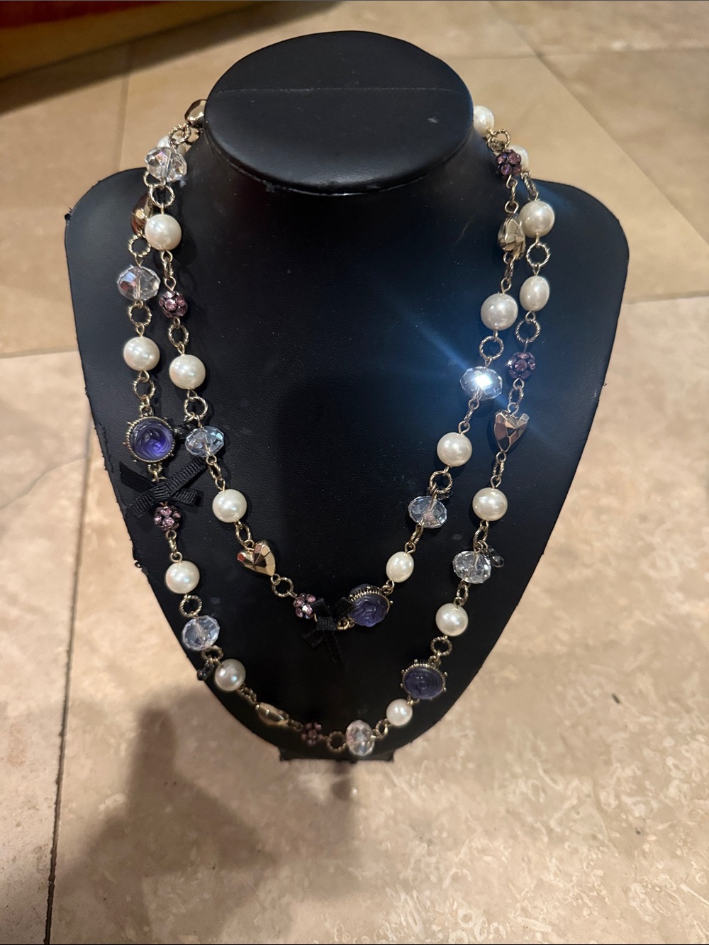 Pearl & Crystal Double Strand Necklace with Purple Accents Vintage